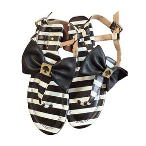 Kate Spade NY Black White Stripe Bow Sandals 6M | Slingback Flats Leather